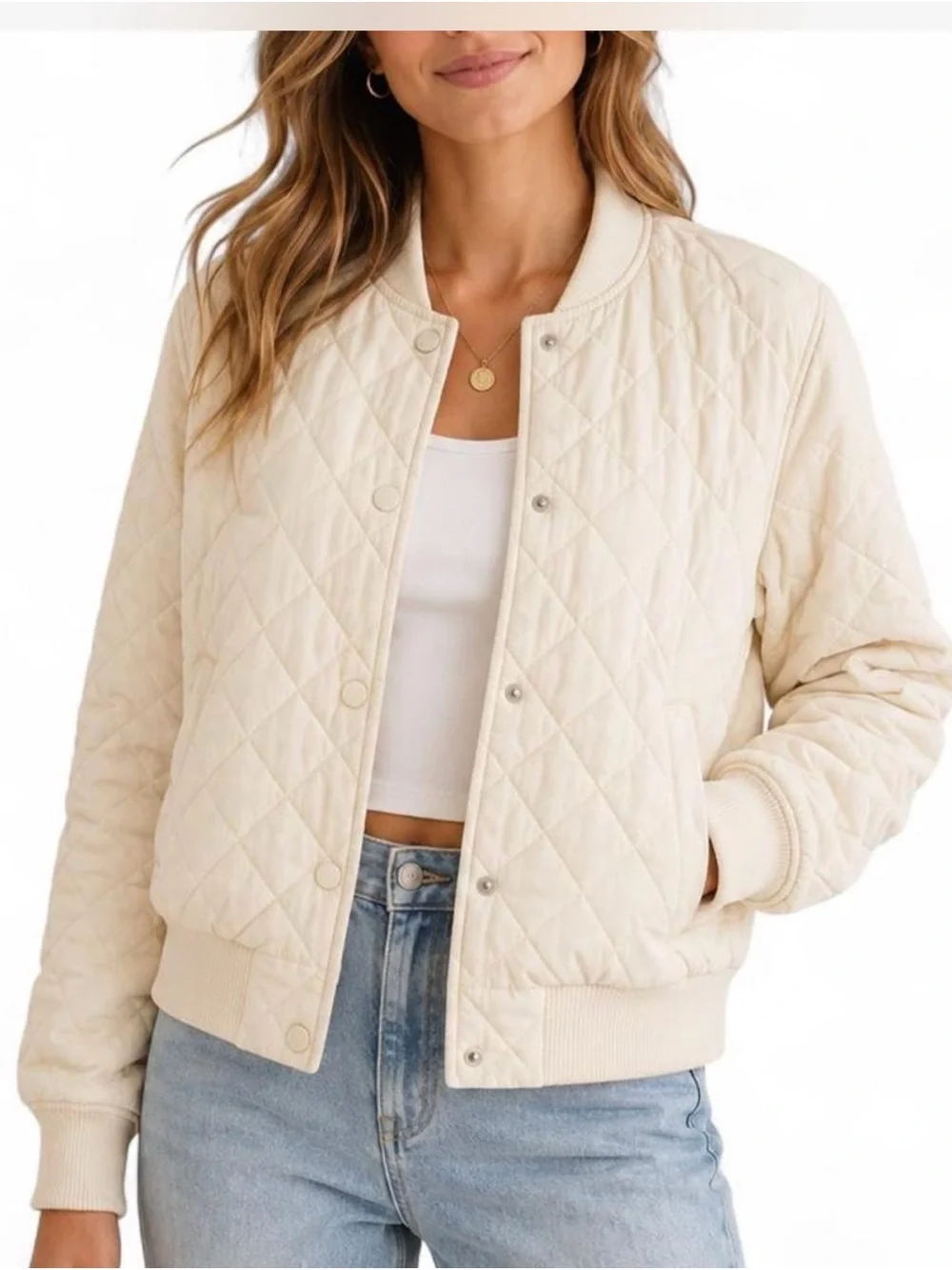 Quilted Bomber Jacket in Cream